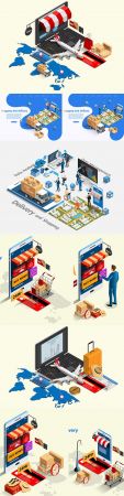 Buying and shipping online e commerce market isometric concept
