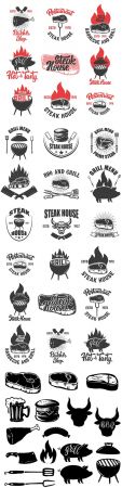 Steakhouse and grilled meat set label and emblem illustration