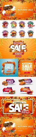 Autumn sale banner leaves around and from bright garland