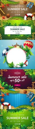 Special offer summer sale discount banner from tropical leaves