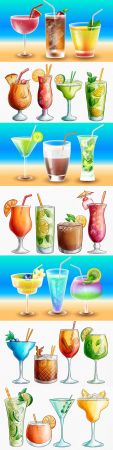 Summer tropical watercolor cocktails drawn illustrations