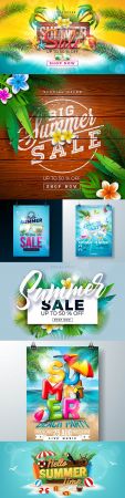 Summer sale with flower and exotic palm leaves