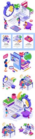 Online distance learning from home isometric illustrations