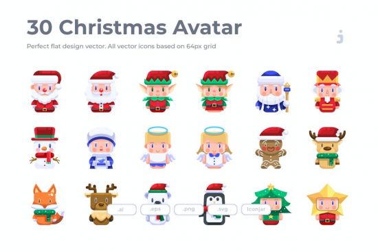 30 Christmas Avatar Icons  Flat