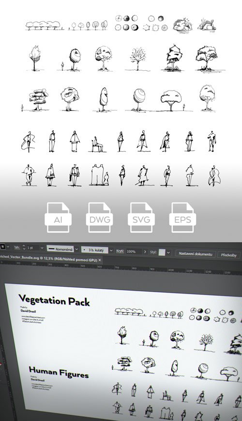 Hand-Sketched Vector Pack - Vegetation & Human Figures (+AutoCAD drawing DWG)