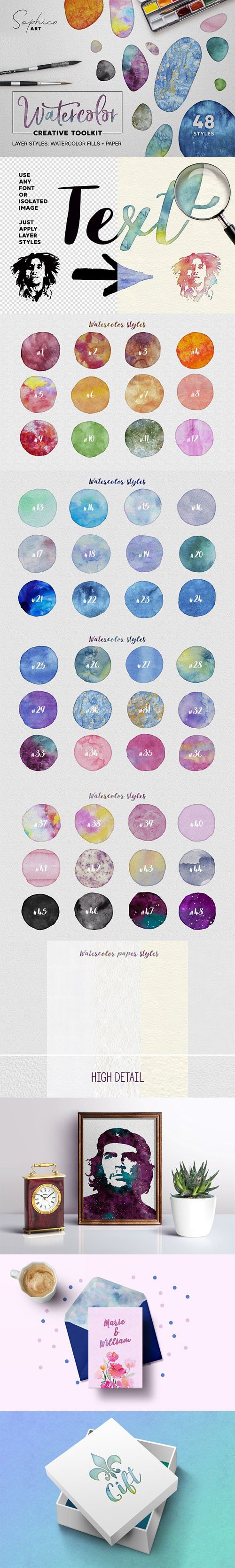 Watercolor Creative Toolkit - 48 Photoshop Layer Styles: Watercolor Files + Paper