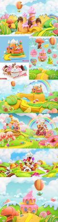 Sweet candy landscape of plasticine 3d realistic illustrations