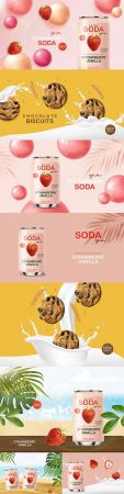 Soda drink with fruit and chocolate cookies 3d realistic design