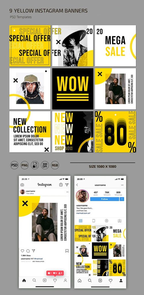 9 Yellow Instagram Posts Banners PSD Template