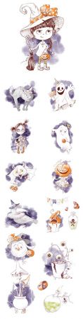 Halloween cute watercolor illustrations with cartoon characters