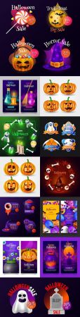 Halloween realistic collection selling badges and banner design