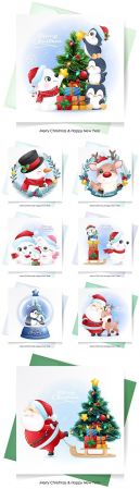 Cute Santa Claus, deer and snowman for Christmas with watercolor card