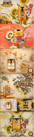Advertising tasty honey from field flowers in glass jar illustration