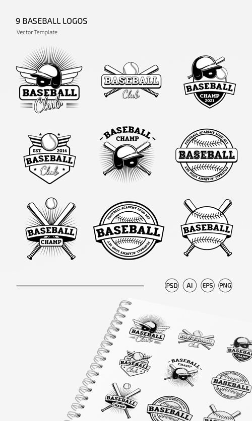 9 Baseball Logos Vector Templates in [Ai/EPS/PSD/PNG]