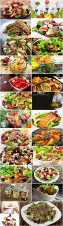 Various types of lettuce Greek seafood shrimp vegetable fruit