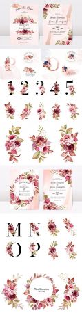 Floral wedding invitation template with elegant burgundy and brown roses