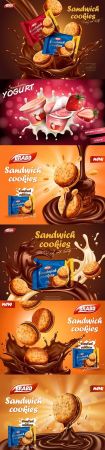 Sandwich and delicious cookies in chocolate liquid with splash