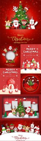 Santa Claus Christmas card and friends with gifts