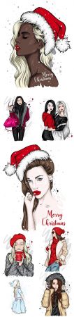 Beautiful girl in Santa Claus hat Christmas illustration 5