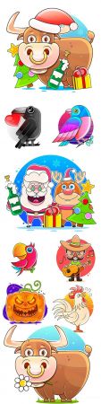 Symbol of year bull and collection of different cartoon characters illustration