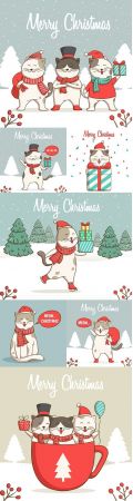 Fun Christmas illustrations of cute cats hand drawing