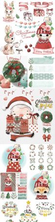 Christmas set of watercolor style design elements
