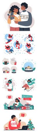 Winter skiing and romantic pair flat design