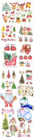 Set of Christmas decorations watercolor illustrations and elements