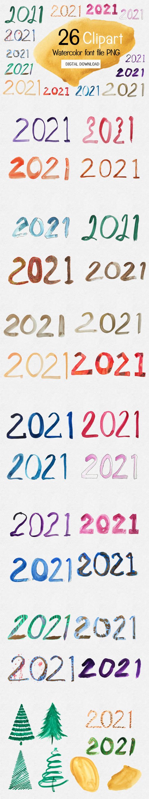 32 New Year 2021 Clipart Watercolor PNG Collection