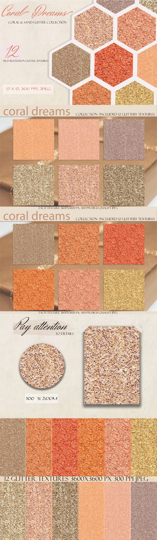 Coral Dreams - Coral & Sand Glitter Textures Collection