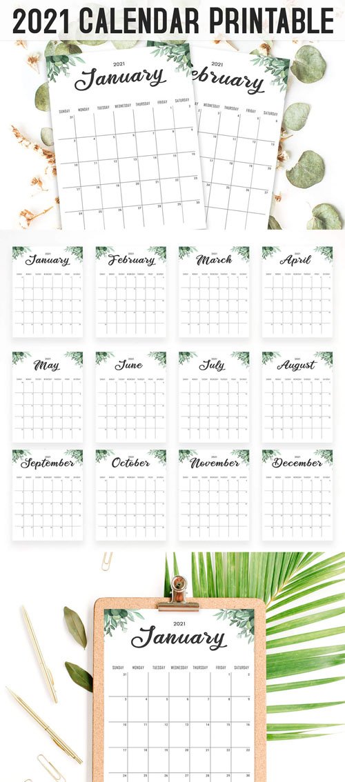 Minimal Floral Calendar 2021 Printable [PSD/PDF] Templates / 12-Months