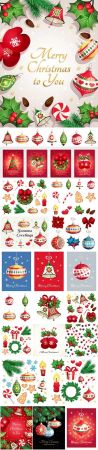 DesignOptimal Merry christmas and happy new year card with decorative elements christmas toys bells snowflakes and stars