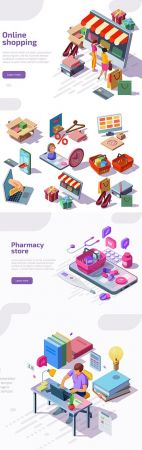 Online store and education design isometric landing page
