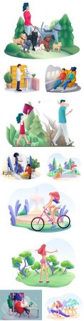 People and nature engaging in outdoor sports illustrations