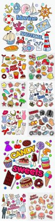 Food and objects drawn cartoon stickers for printing