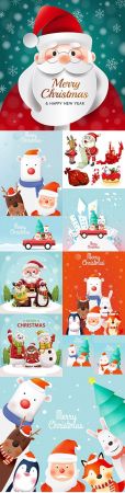 Santa Claus and friends animal cute New Year characters illustrations