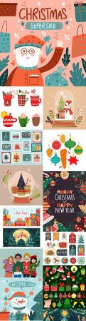 Christmas sales, people in knitted sweaters and temetic hand drawn illustrations