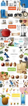 Realistic illustrations items and food design composition