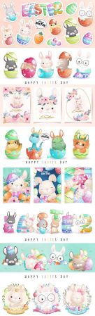 Cute rabbit illustrations and stickers for happy Easter day
