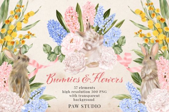 Easter Bunny Flowers Clipart Peony Hyacinth Leaves - 1255243