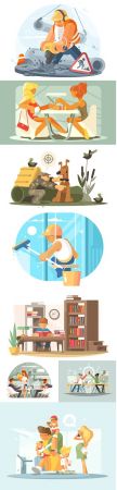 Different people at work and leisure modern design illustration