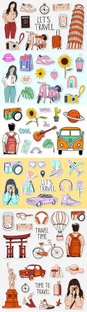 Tourism and recreation collection of colorful painted stickers