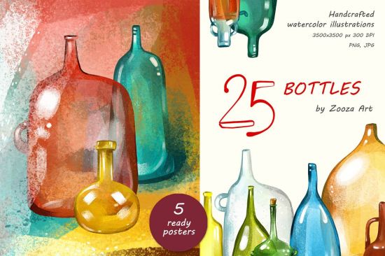 25 bottles watercolor illustrations - 5947612