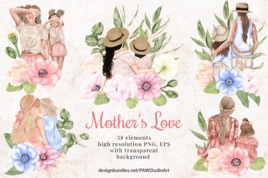 Mothers Day Clipart Mother Child Anemone Poppy Flowers Leavs - 1286934