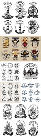 Marine world and Wild West set of labels and logos
