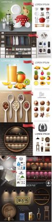 Realistic composition of fruit juice, dishes and various items
