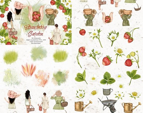 Summer Strawberry Clipart Girl Garden Cottage Flower Leaves - 1312624