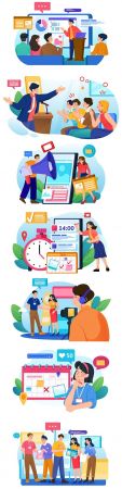 Different people meet at the event flat design illustrations