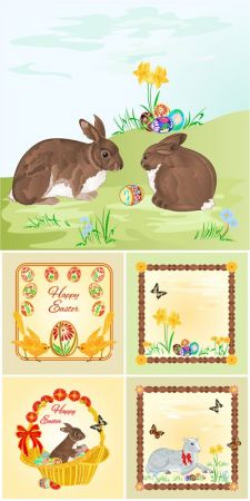 Easter bunnies, vector frames with butterflies