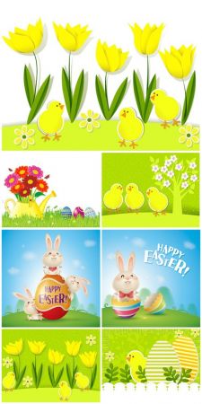 Yellow tulips and chickens, Easter illustrations in vector